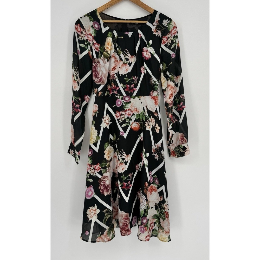 Pietro Brunelli Milano Floral Geometric Midi Dress Long Sleeve Black Italy Sz M